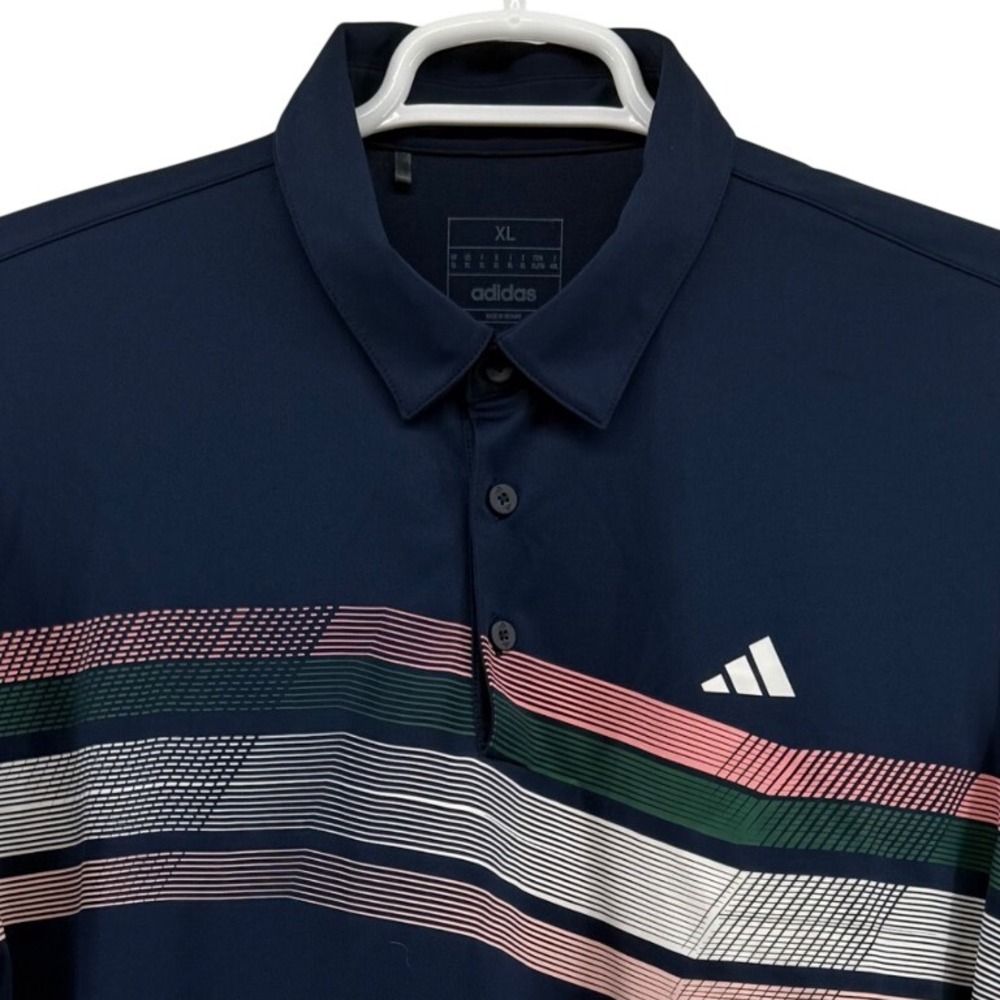 Adidas Mens XL Golf Polo Shirt Navy Blue Graphic Stripe Short Sleeve Performance